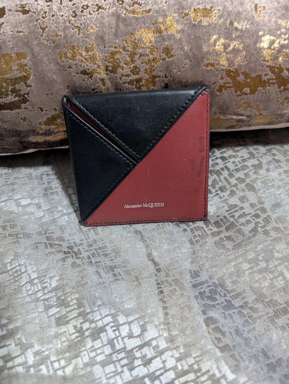 Alexander McQueen Black Leather Card & Key Sleeve with White and Red Stripes